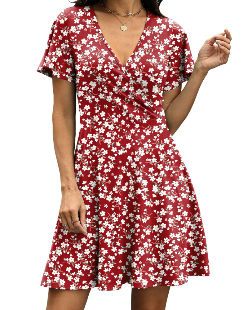 Robe Mini Femme en tissu léger, col V, coupe trapèze – Menvelo