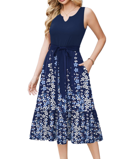 Robe Midi Femme en tissu léger, col V, coupe fluide – Menvelo