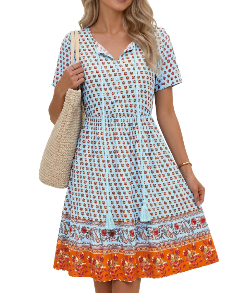 Robe Midi Femme en tissu léger, col V, coupe fluide – Menvelo