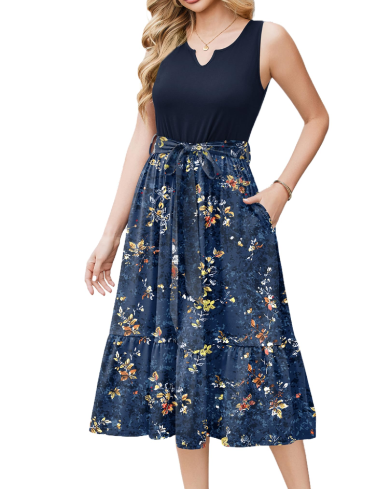 Robe Midi Femme en tissu léger, col V, coupe fluide – Menvelo