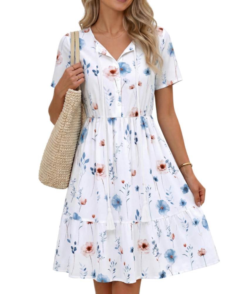 Robe Midi Femme en tissu léger, col V, coupe fluide – Menvelo