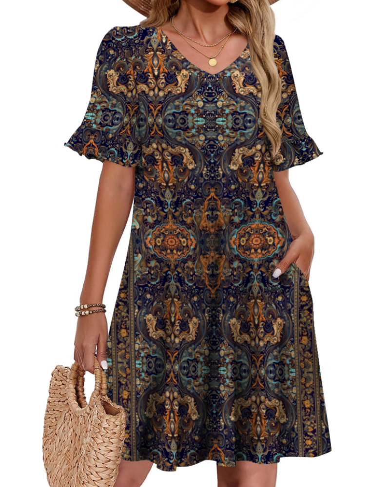 Robe Midi Femme en tissu léger, col V, coupe ample – Menvelo