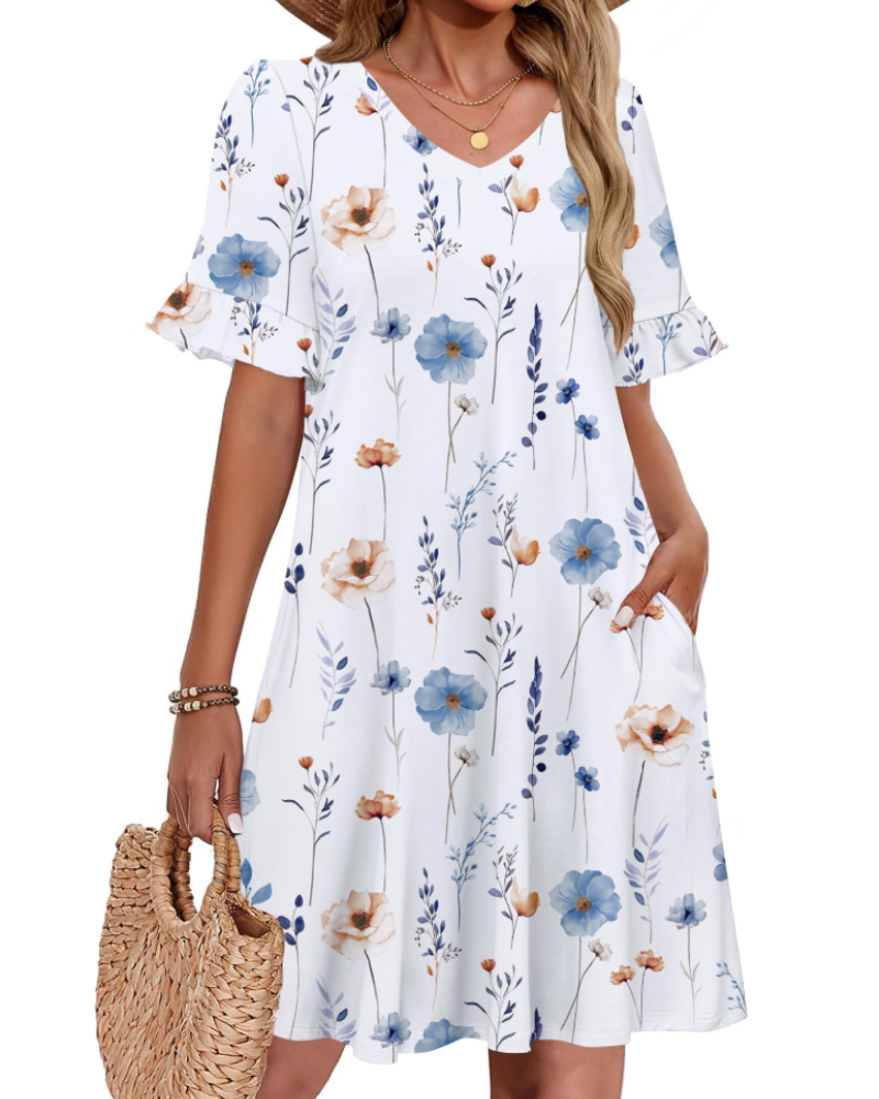 Robe Midi Femme en tissu léger, col V, coupe ample – Menvelo