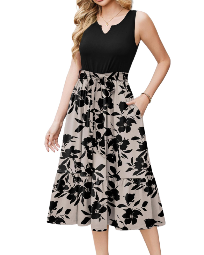 Robe Midi Femme en tissu léger, col V, coupe fluide – Menvelo