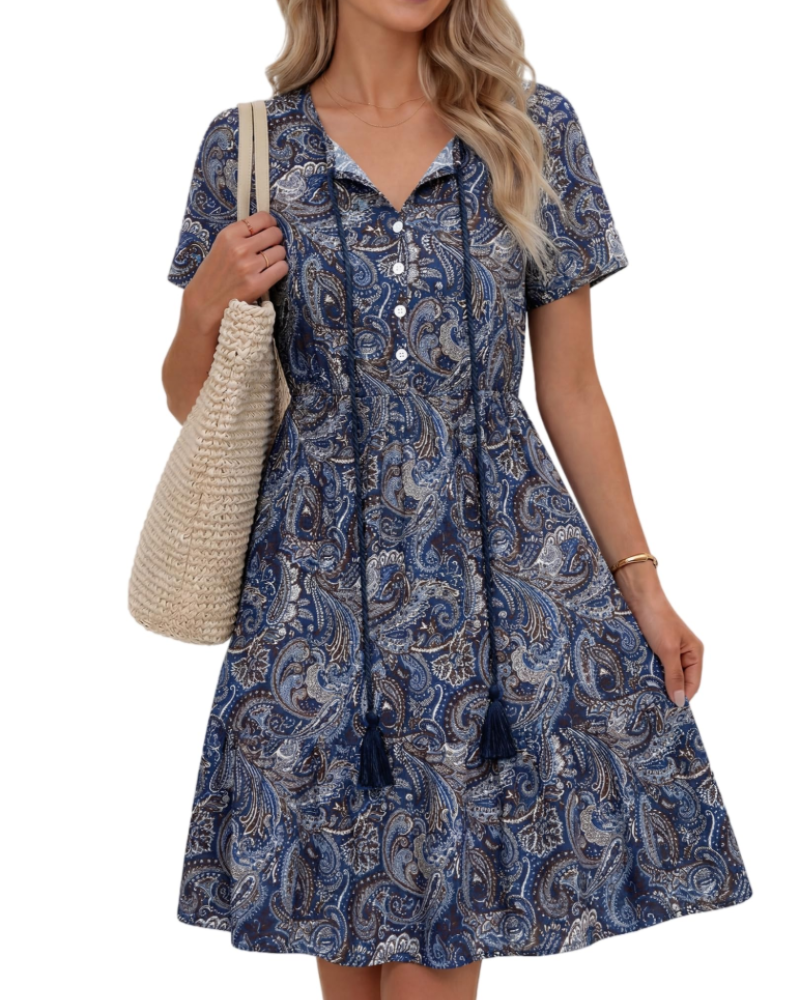 Robe Midi Femme en tissu léger, col V, coupe fluide – Menvelo