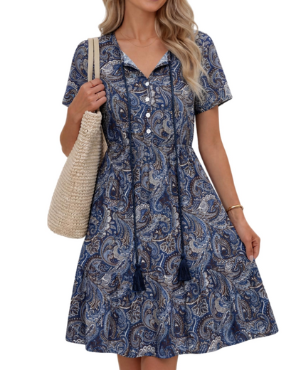 Robe Midi Femme en tissu léger, col V, coupe fluide – Menvelo