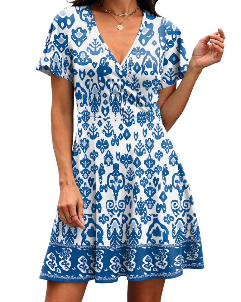 Robe Mini Femme en tissu léger, col V, coupe trapèze – Menvelo