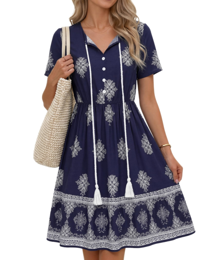Robe Midi Femme en tissu léger, col V, coupe fluide – Menvelo