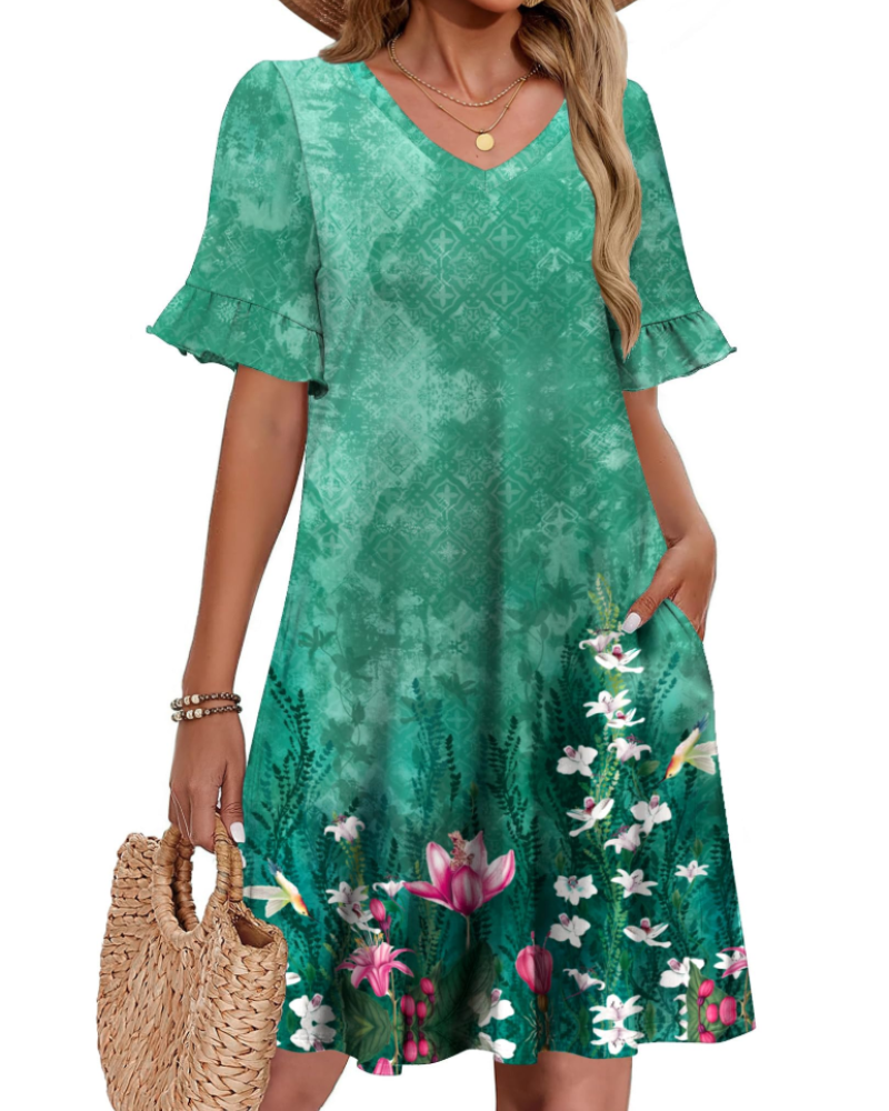 Robe Midi Femme en tissu léger, col V, coupe ample – Menvelo