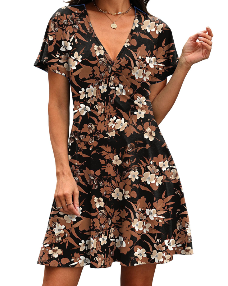 Robe Mini Femme en tissu léger, col V, coupe trapèze – Menvelo