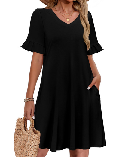 Robe Midi Femme en tissu léger, col V, coupe ample – Menvelo