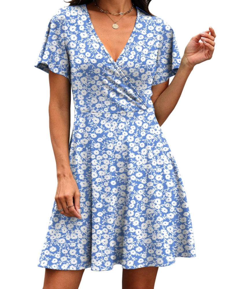 Robe Mini Femme en tissu léger, col V, coupe trapèze – Menvelo