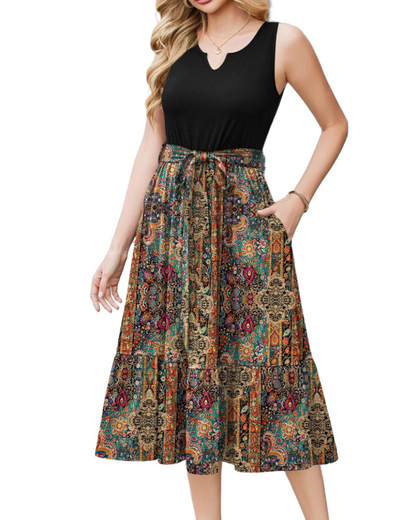 Robe Midi Femme en tissu léger, col V, coupe fluide – Menvelo