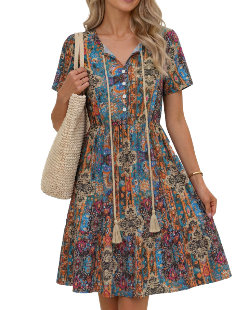 Robe Midi Femme en tissu léger, col V, coupe fluide – Menvelo