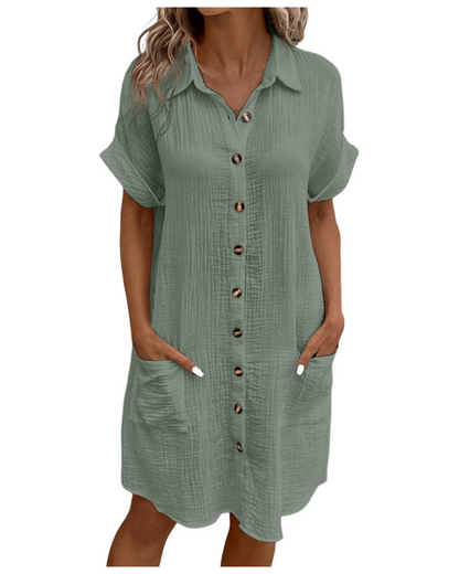 Yvette Robe Femme – Robe Chemise Col V Boutonnée avec Poches Coupe Fluide Bohème Chic