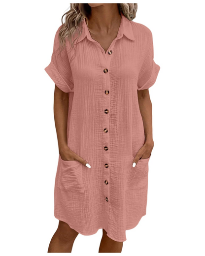 Yvette Robe Femme – Robe Chemise Col V Boutonnée avec Poches Coupe Fluide Bohème Chic