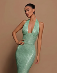 Robe Maxi Femme à Sequins Col Halter – Coupe Moulante Décolleté V