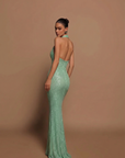 Robe Maxi Femme à Sequins Col Halter – Coupe Moulante Décolleté V