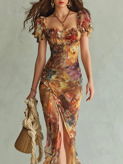 Ella | Robe maxi bohème en mousseline à volants et décolleté cœur pour femme