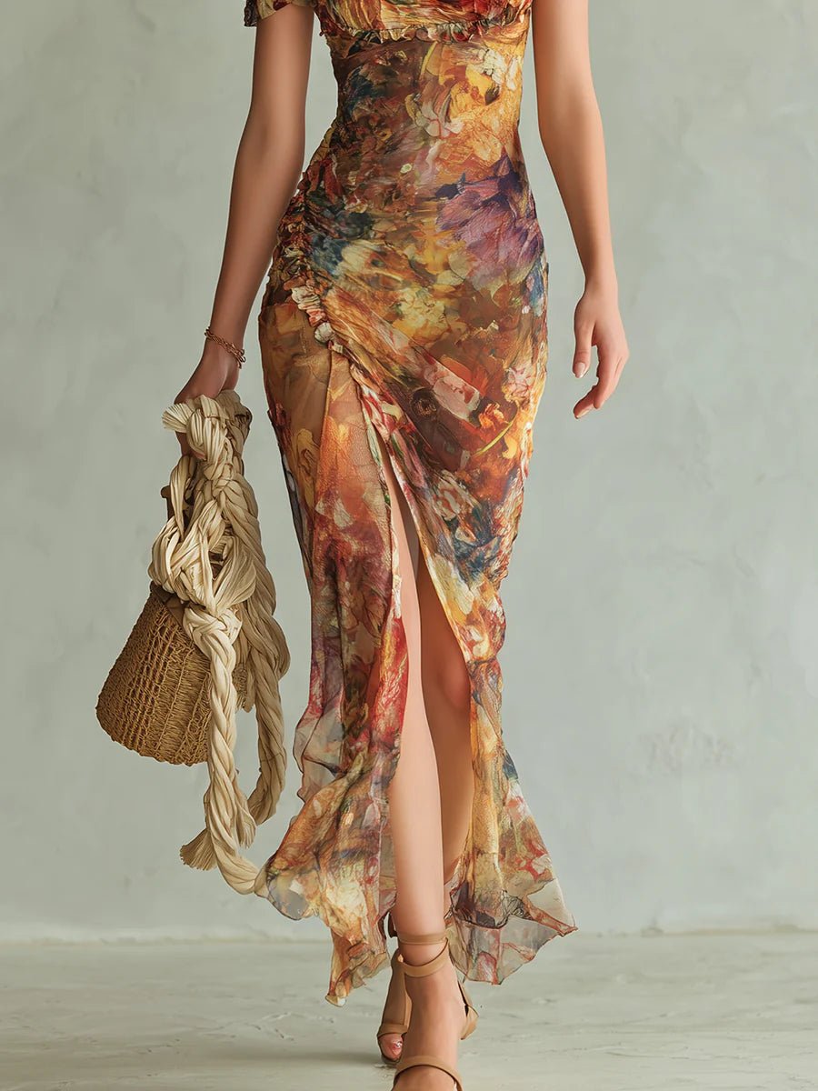 Ella | Robe maxi bohème en mousseline à volants et décolleté cœur pour femme
