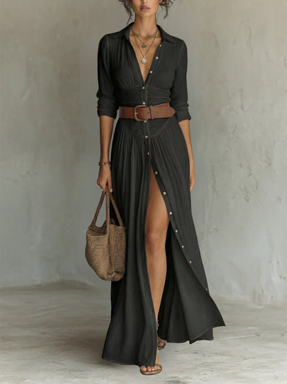 Evelyn | Robe chemise longue ceinturée à manches longues pour femme