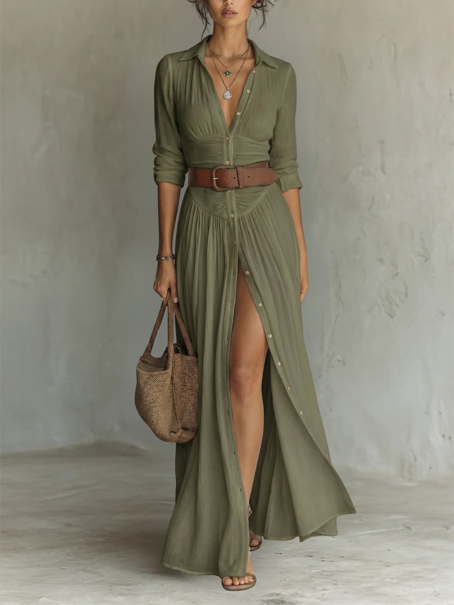 Evelyn | Robe chemise longue ceinturée à manches longues pour femme