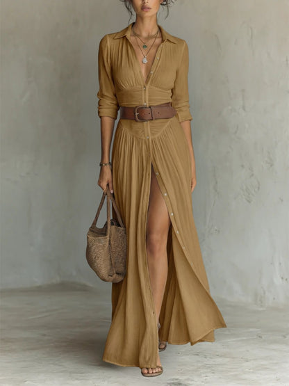 Evelyn | Robe chemise longue ceinturée à manches longues pour femme