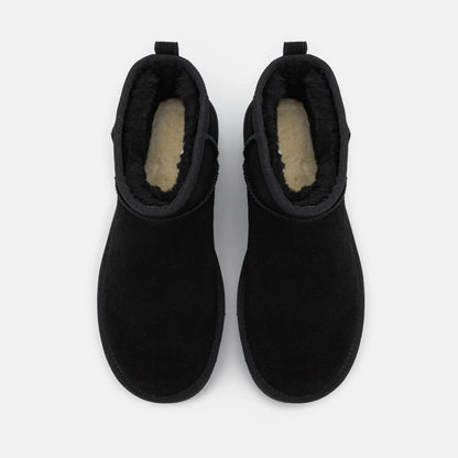 UGG Classic Ultra Mini Plateforme Black bottines fourrées femme en daim et peau de mouton noir, détail intérieur