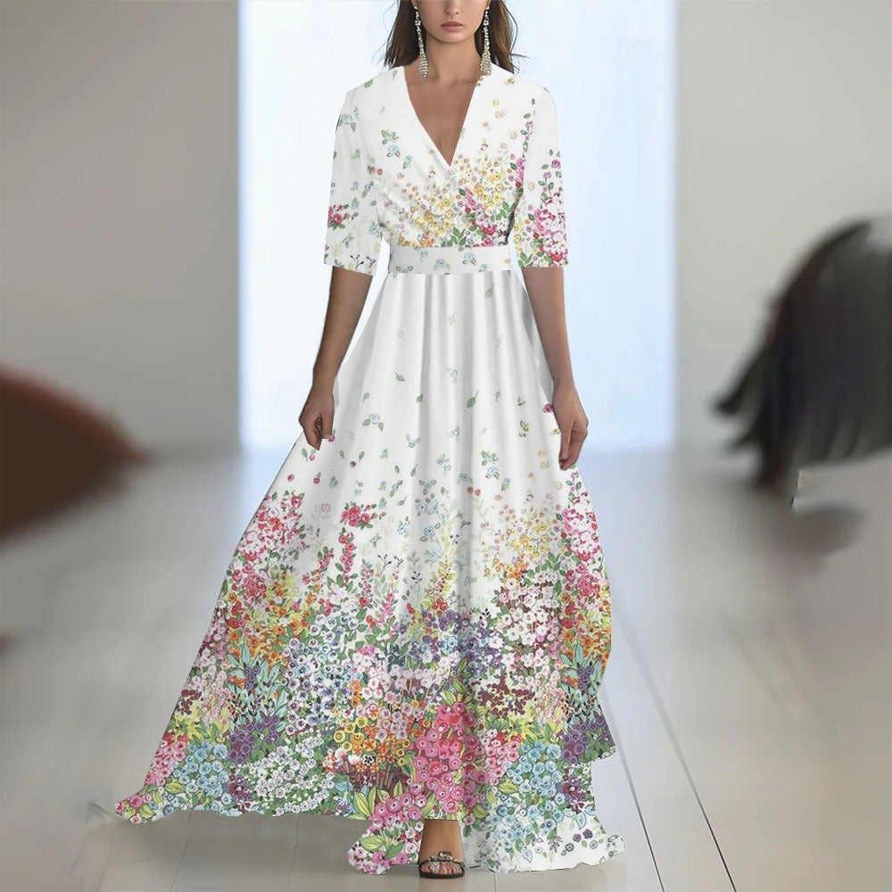 Robe Maxi Fleurie Femme – Col V Taille Ajustée