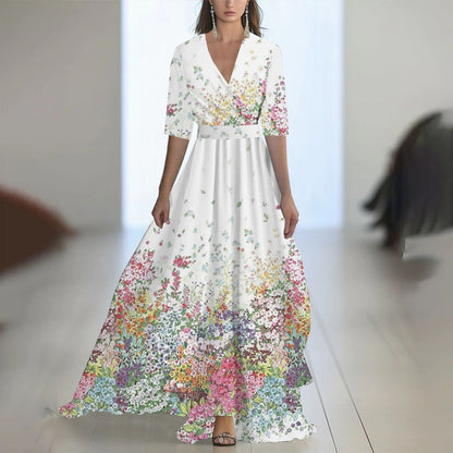 Robe Maxi Fleurie Femme – Col V Taille Ajustée