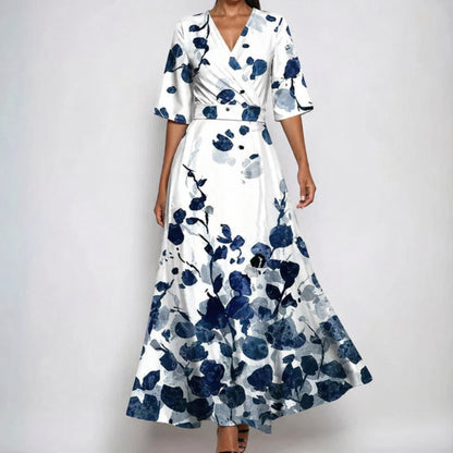 Florence | Robe longue portefeuille en satin à fleurs pour femme avec col en V et ceinture