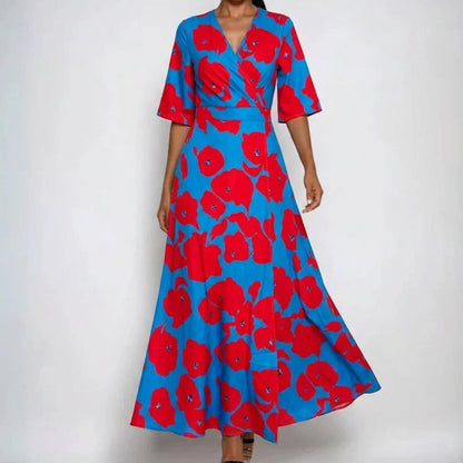 Florence | Robe longue portefeuille en satin à fleurs pour femme avec col en V et ceinture