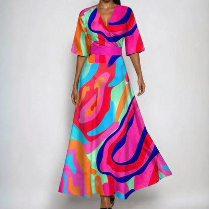 Florence | Robe longue portefeuille en satin à fleurs pour femme avec col en V et ceinture