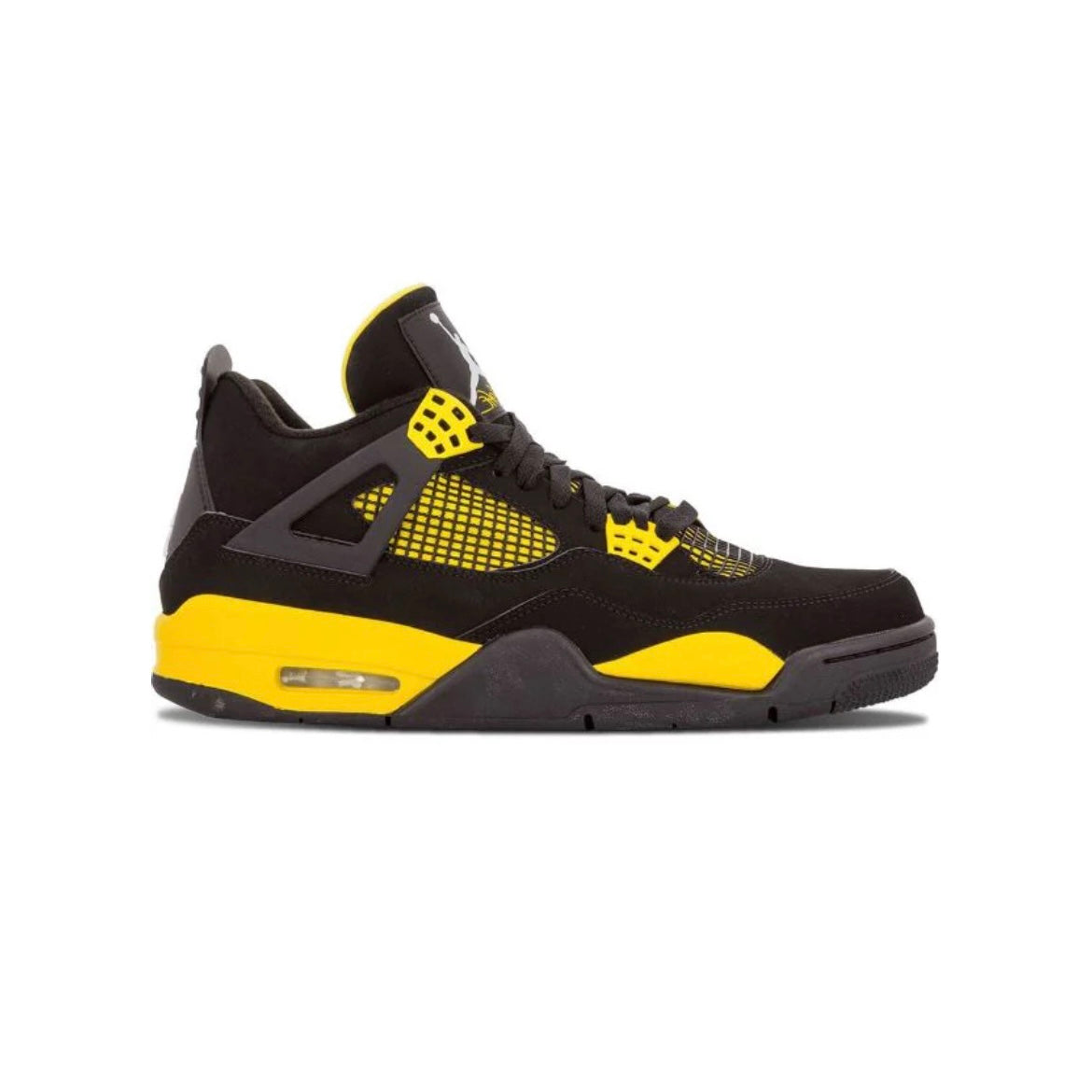 Air Jordan 4 Thunder baskets homme et femme en cuir noir jaune, vue de profil