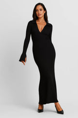 Robe Maxi Femme en Coton Côtelé – Col V Profond et Coupe Ajustée