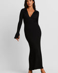 Robe Maxi Femme en Coton Côtelé – Col V Profond et Coupe Ajustée