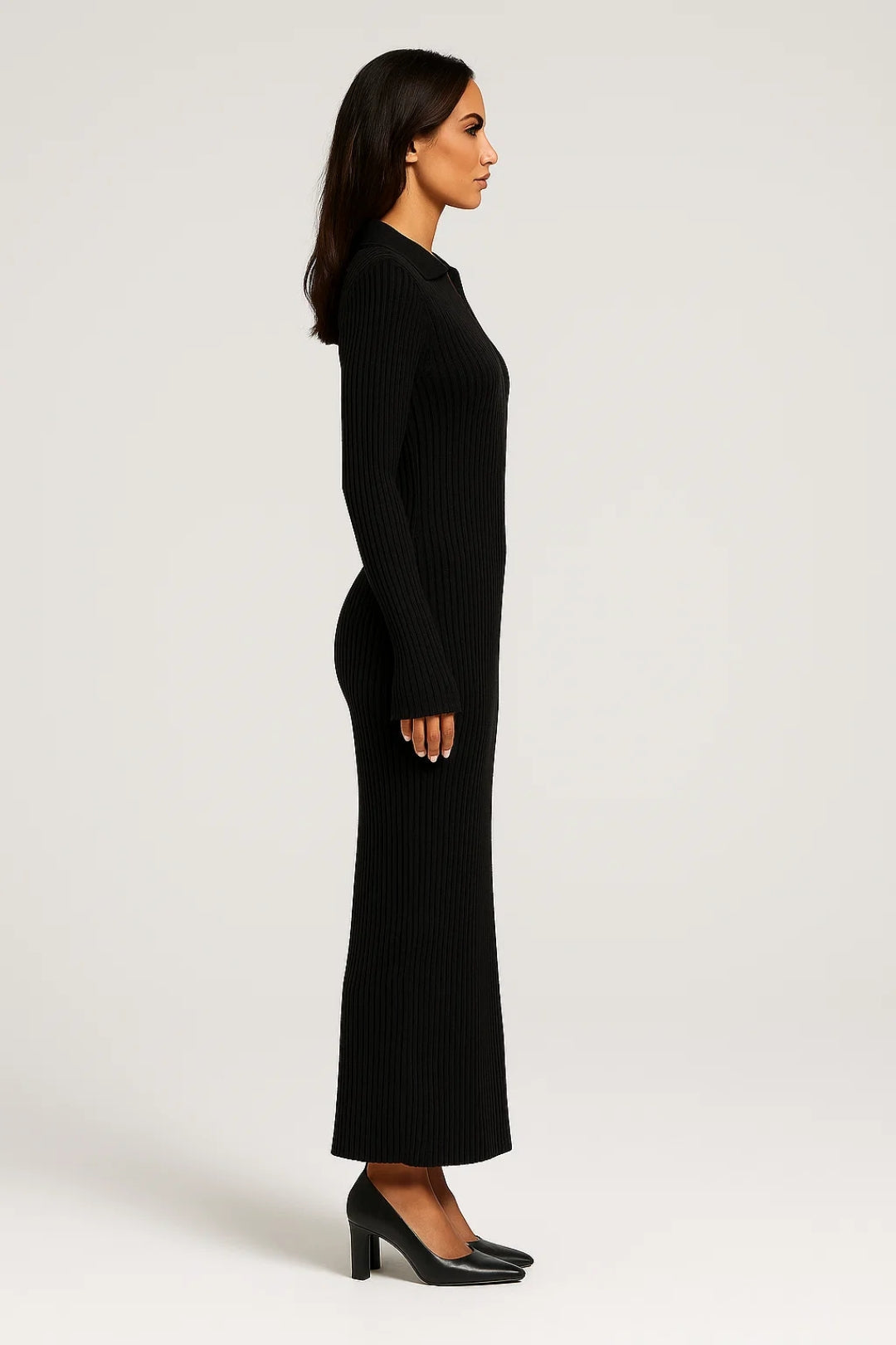 Robe Maxi Femme en Coton Côtelé – Col V Profond et Coupe Ajustée