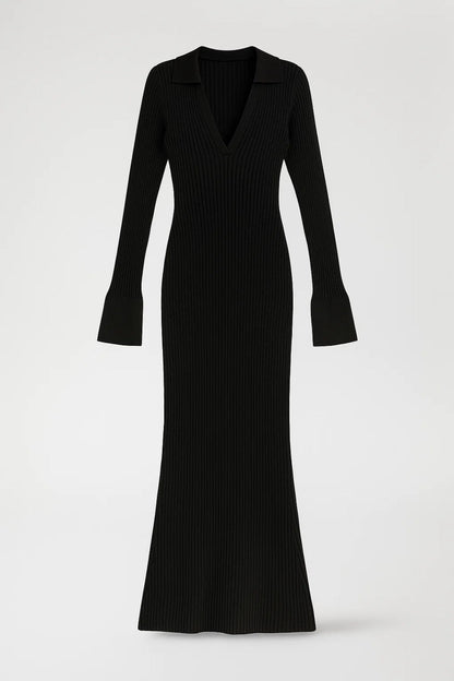 Robe Maxi Femme en Coton Côtelé – Col V Profond et Coupe Ajustée