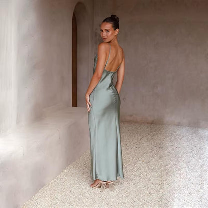 Grace | Robe longue en satin dos nu pour femme avec fente haute