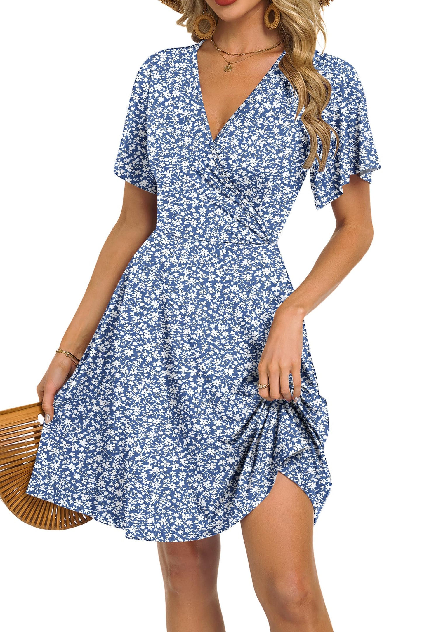 Robe Mini Femme en tissu léger, col V, coupe fluide – Menvelo