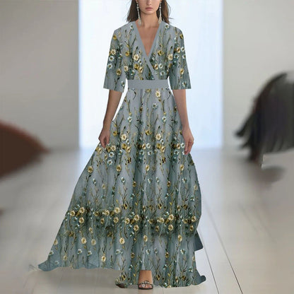 Robe Maxi Fleurie Femme – Col V Taille Ajustée