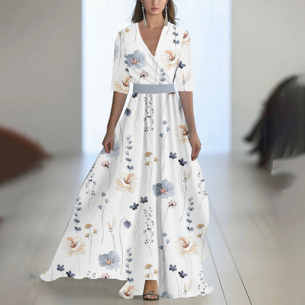 Robe Maxi Fleurie Femme – Col V Taille Ajustée