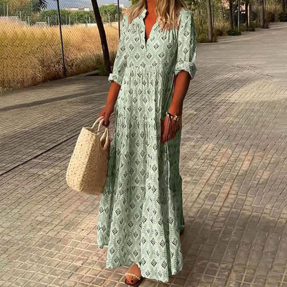 Robe Longue Femme Bohème Col V – Coupe Ample Manches Mi-Longues Légère