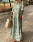 Robe Longue Femme Bohème Col V – Coupe Ample Manches Mi-Longues Légère