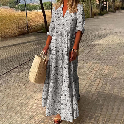 Robe Longue Femme Bohème Col V – Coupe Ample Manches Mi-Longues Légère