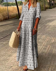 Robe Longue Femme Bohème Col V – Coupe Ample Manches Mi-Longues Légère