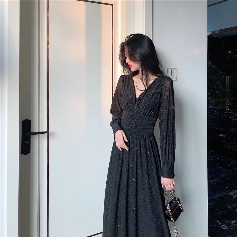 Robe Maxi Femme Coton Pailleté – Décolleté Profond Manches Longues Coupe Fluide