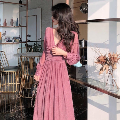 Robe Maxi Femme Coton Pailleté – Décolleté Profond Manches Longues Coupe Fluide