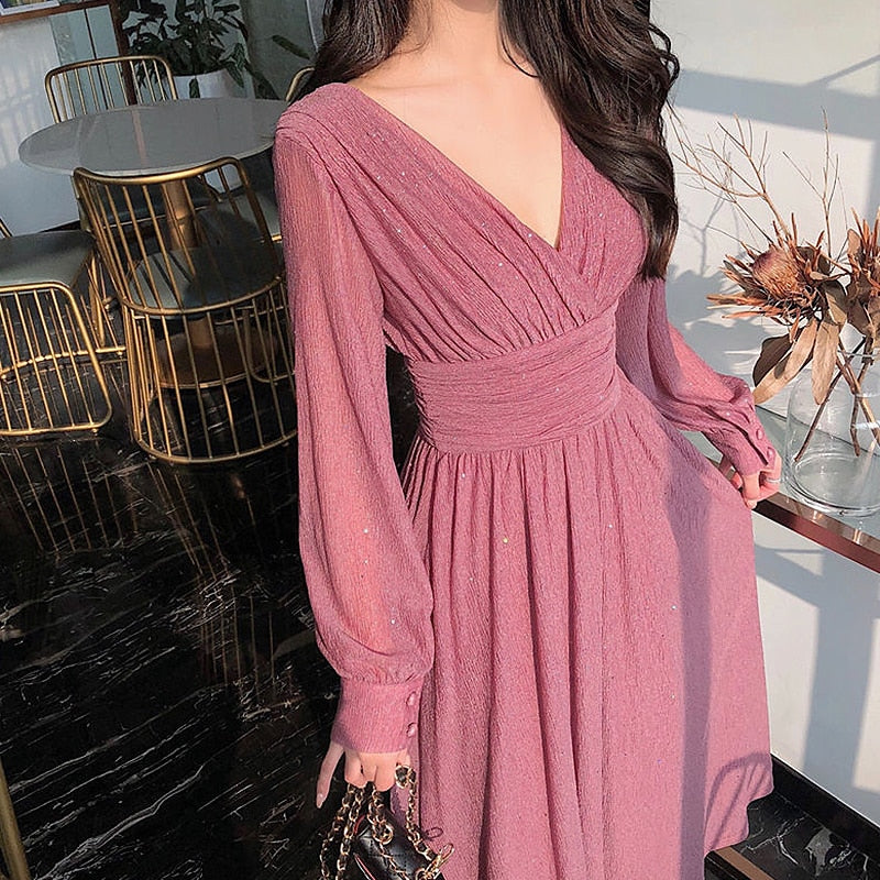 Robe Maxi Femme Coton Pailleté – Décolleté Profond Manches Longues Coupe Fluide