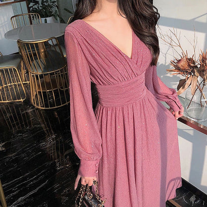 Robe Maxi Femme Coton Pailleté – Décolleté Profond Manches Longues Coupe Fluide